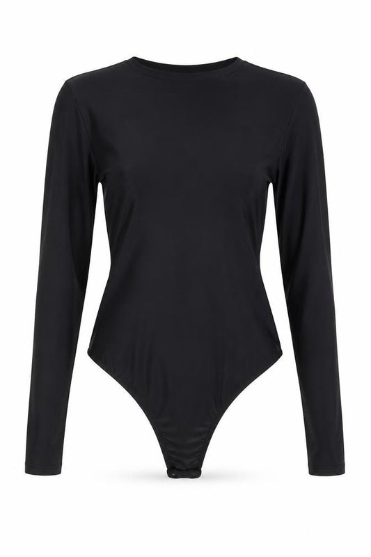 Front view of PRETTYLITTLETHING women’s black viscose blend bodysuit one-piece, size UK 8