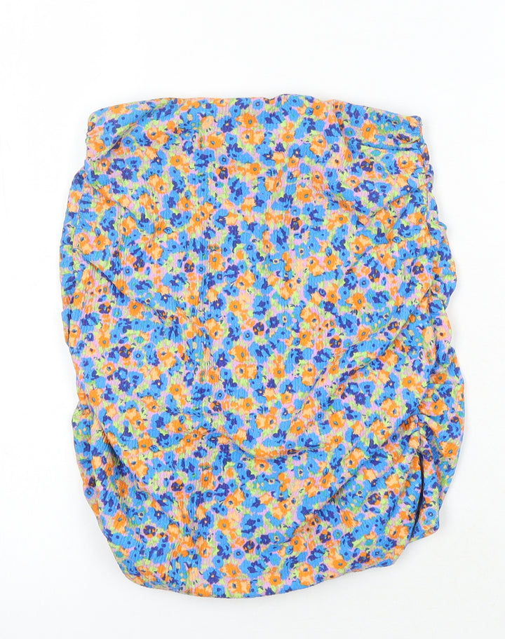 Pull&Bear Womens Multicoloured Floral Polyester Cropped T-Shirt Size S Off the Shoulder