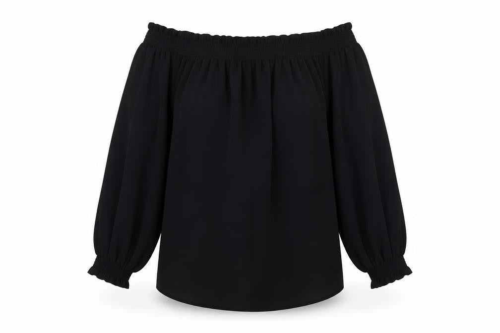 Front view of New Look women’s black polyester tunic blouse, size UK 14, boat neck