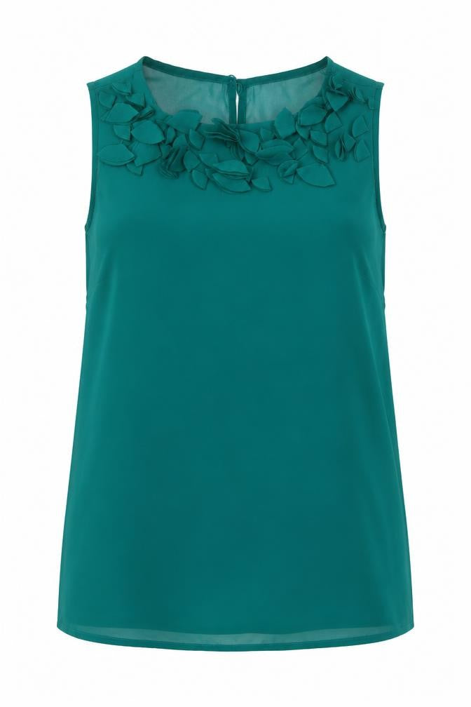 Front view of Oasis women’s green polyester tunic blouse, size UK 8, boat neck