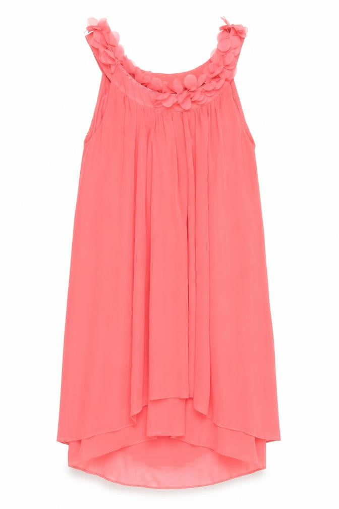Front view of River Island women’s orange herringbone polyester shift, size UK 10, boat neck