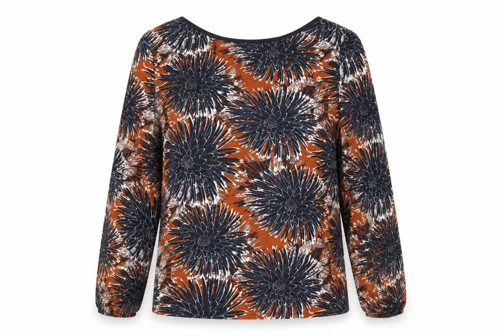 Front view of H&M women’s multicoloured floral polyester tunic blouse, size UK 10, boat neck