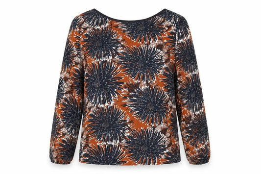 Front view of H&M women’s multicoloured floral polyester tunic blouse, size UK 10, boat neck