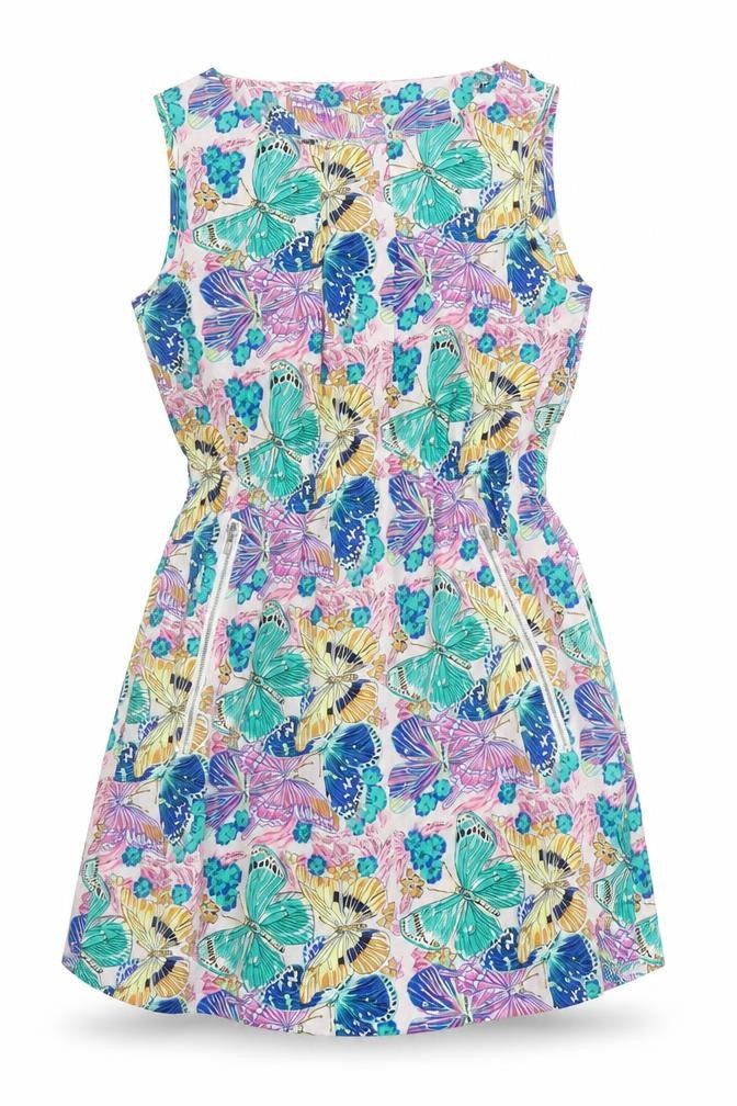 Front view of Mela London women’s multicoloured geometric polyester a-line, size UK 10, boat neck - pockets