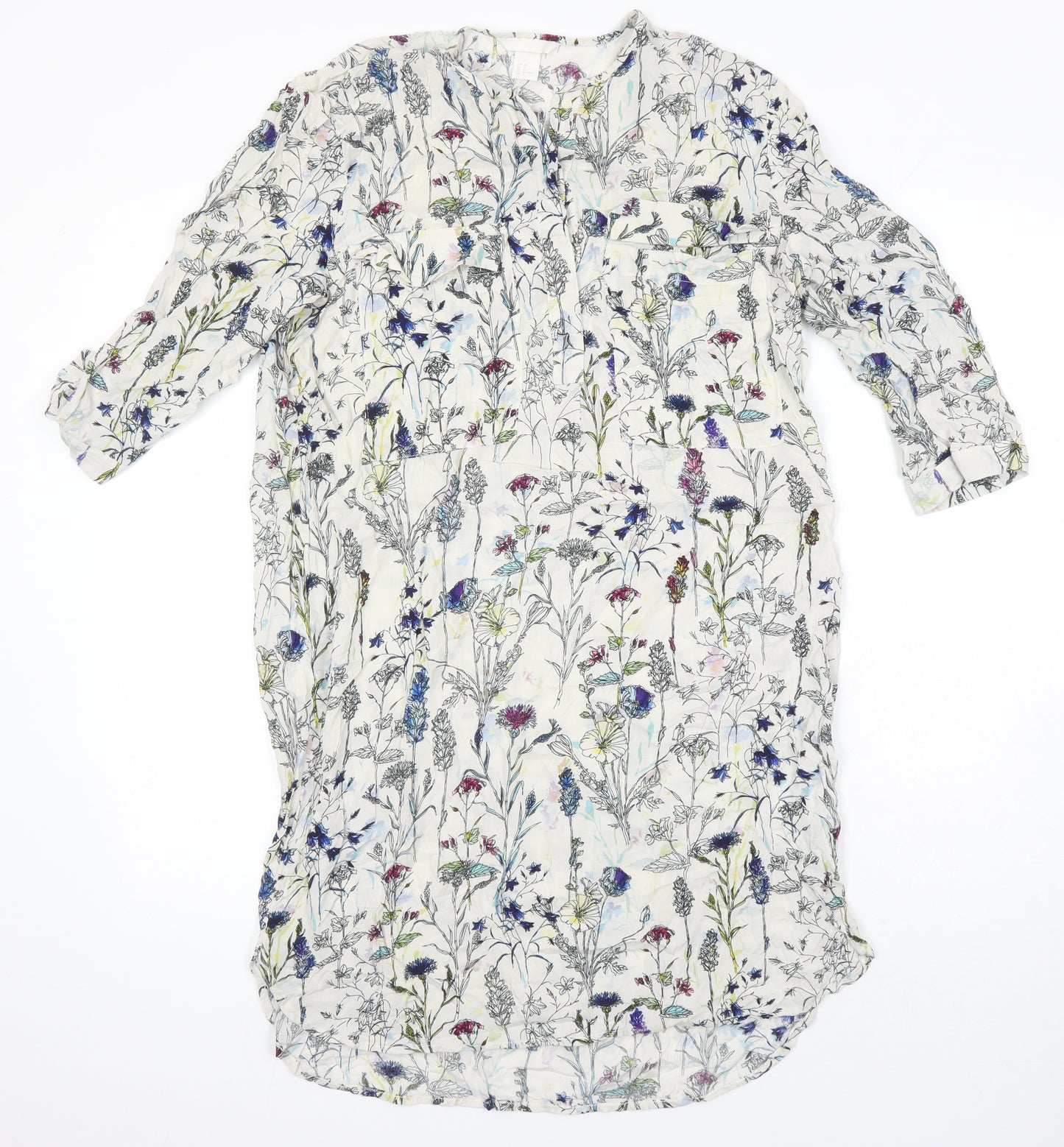 H&M Womens Ivory Fair Isle Viscose Shirt Dress Size 10 Round Neck