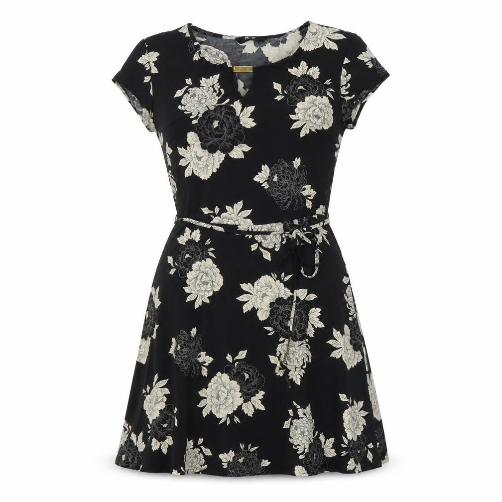 Front view of KD London women’s multicoloured floral polyester a-line, size UK 10, scoop neck
