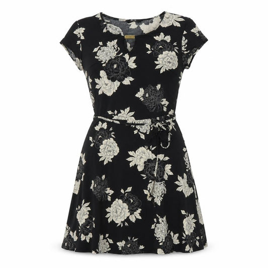 Front view of KD London women’s multicoloured floral polyester a-line, size UK 10, scoop neck
