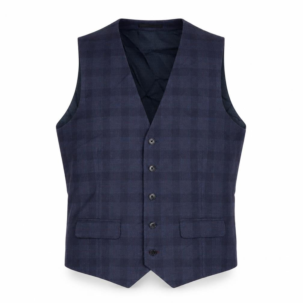 Front view of Burton men’s blue jacket waistcoat, size M, button