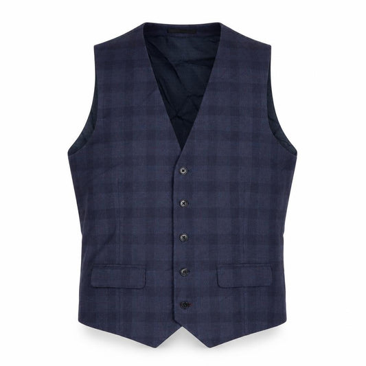 Front view of Burton men’s blue jacket waistcoat, size M, button