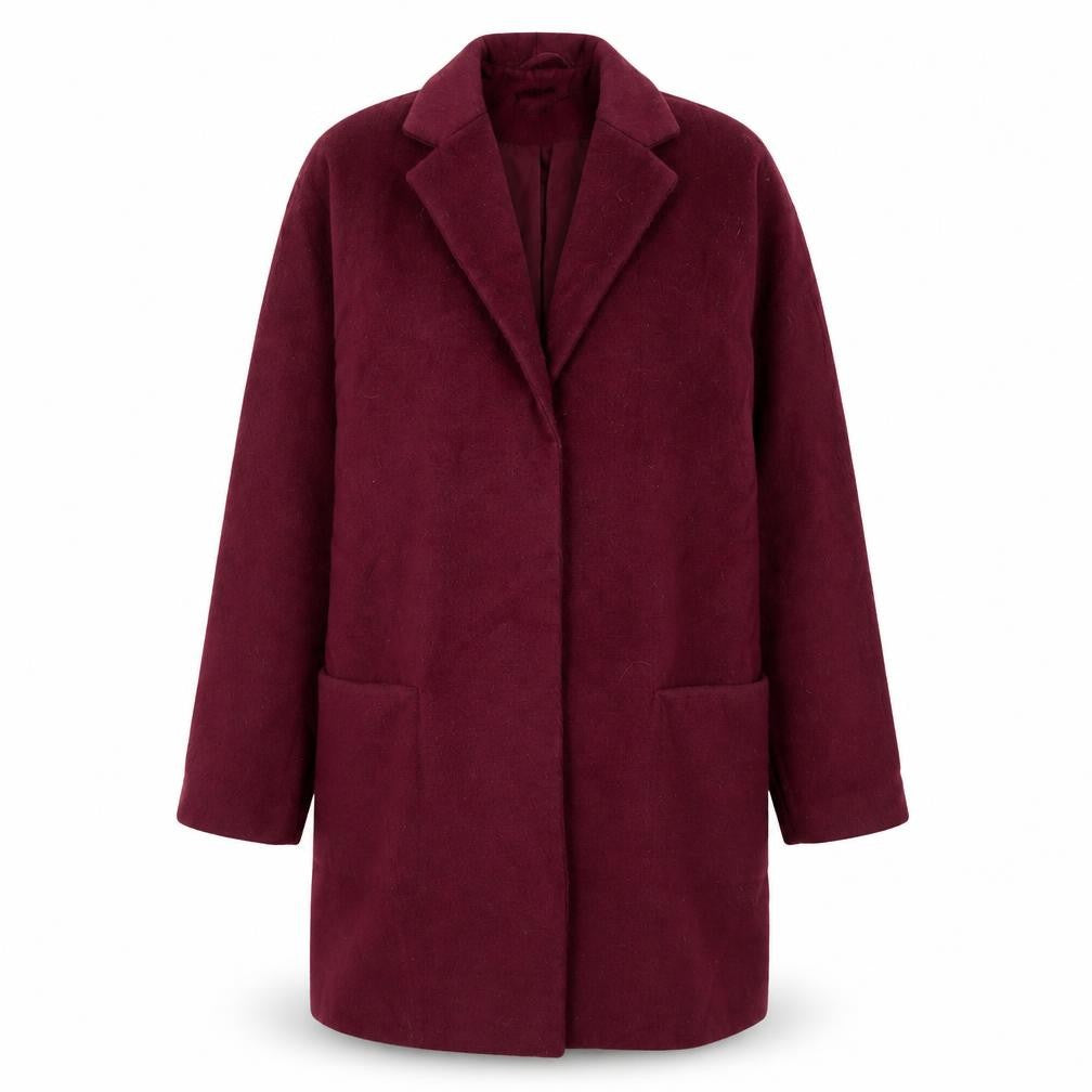 Front view of Topshop women’s purple overcoat coat, size UK 10, button