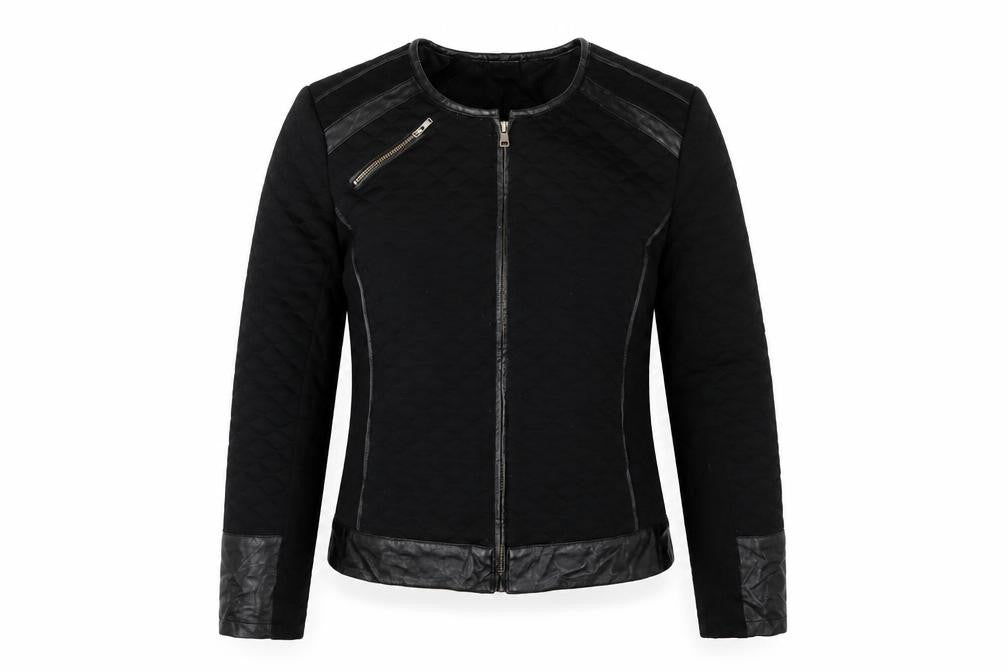 Front view of Miss Captain women’s black biker jacket, size UK 10, zip