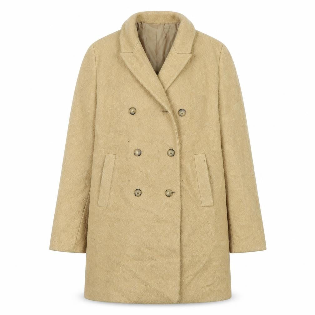 Front view of Zara women’s brown overcoat coat, size L, button