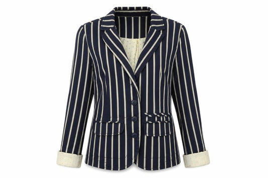 Front view of Next women’s blue jacket, size UK 8, button