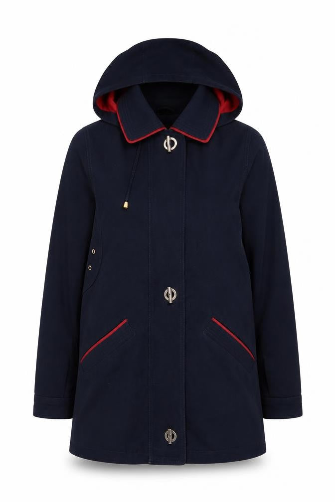 Front view of David Barry women’s blue anorak coat, size UK 12, zip