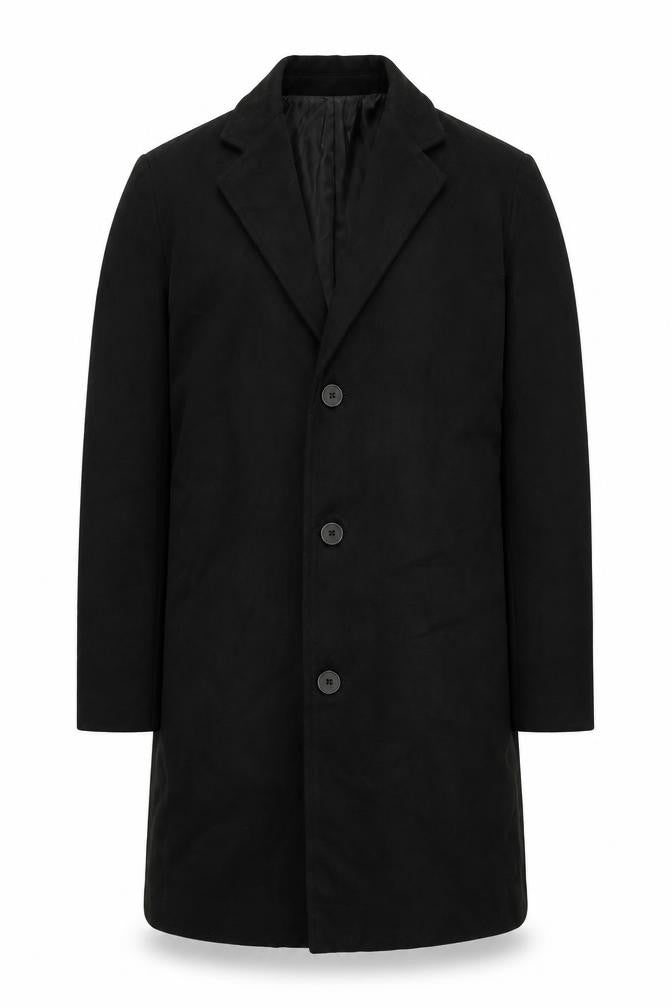 Front view of Benibos men’s black overcoat coat, size XL, button