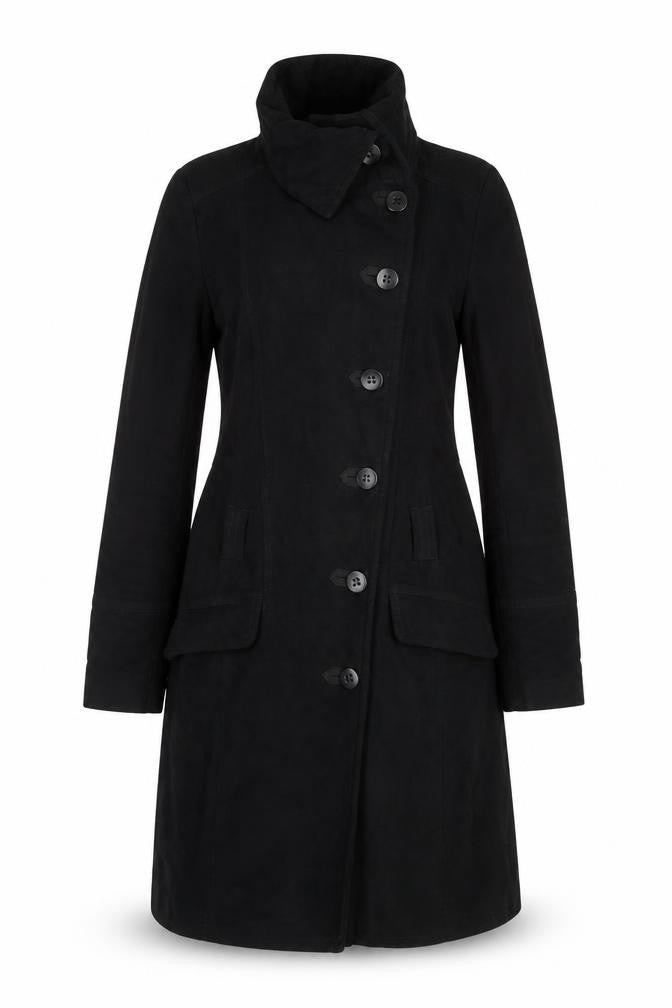 Front view of Warehouse women’s black military jacket coat, size UK 8, button