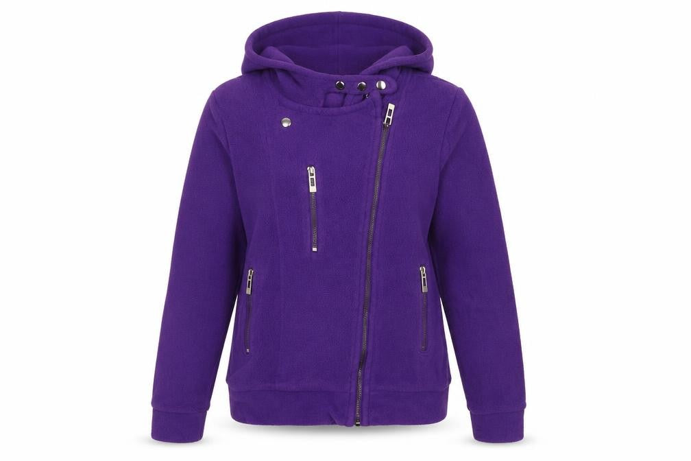 Front view of Doubleju women’s purple crew neck polyester full zip jumper, size M