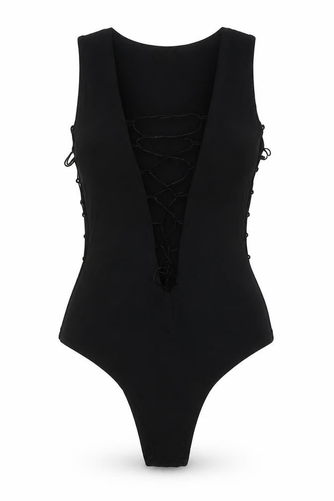 Dolly Diva Womens Black Polyester Bodysuit One-Piece Size 10 Tie - Lace Up Front and Sides