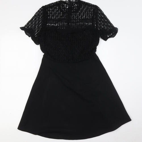 Zara Womens Black Polyester A-Line Size S Mock Neck Zip - Lace Top