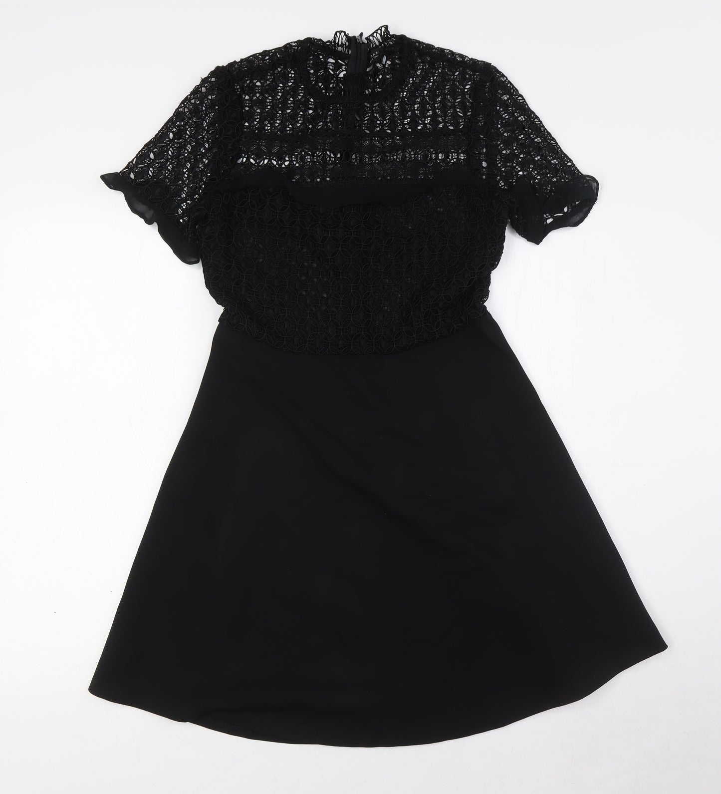 Zara Womens Black Polyester A-Line Size S Mock Neck Zip - Lace Top