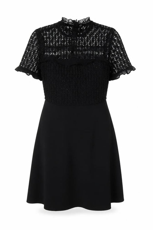 Front view of Zara women’s black polyester a-line, size S, mock neck zip - lace top