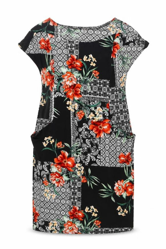 Front view of M&Co women’s multicoloured floral polyester a-line, size UK 14, boat neck