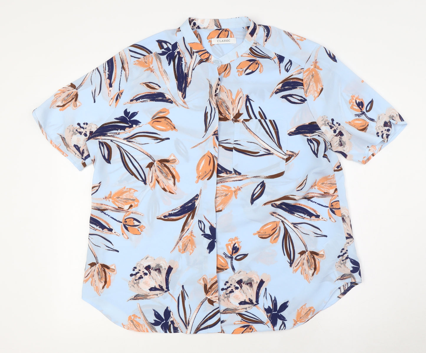 Marks and Spencer Womens Blue Floral Polyester Basic Blouse Size 14 Mock Neck