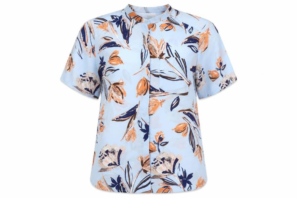 Front view of Marks & Spencer women’s blue floral polyester basic blouse, size UK 14, mock neck