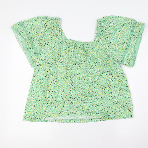 Marks and Spencer Womens Green Floral Cotton Basic Button-Up Size 12 Square Neck