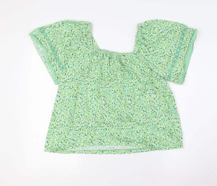 Marks and Spencer Womens Green Floral Cotton Basic Button-Up Size 12 Square Neck