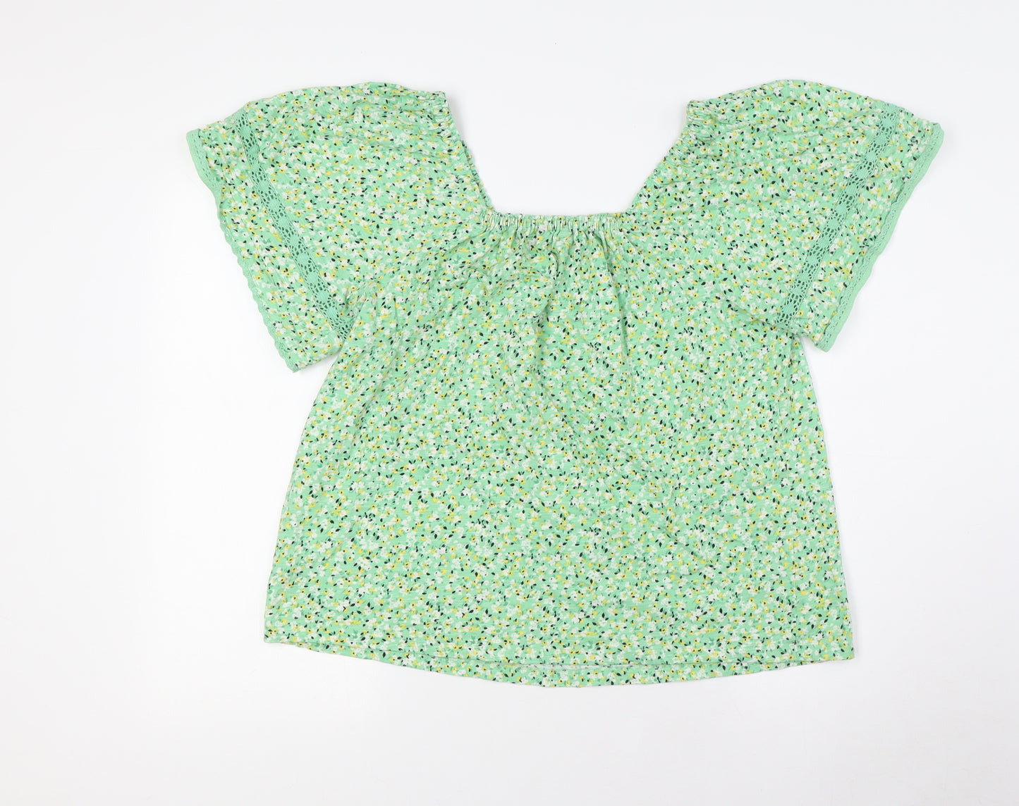 Marks and Spencer Womens Green Floral Cotton Basic Button-Up Size 12 Square Neck