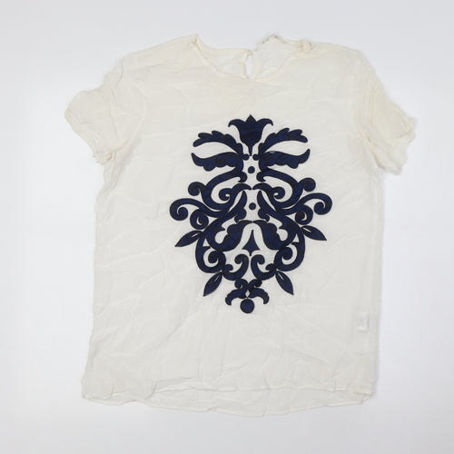 Koton Womens Ivory Viscose Basic Button-Up Size 10 Round Neck - Blue Embellished Front