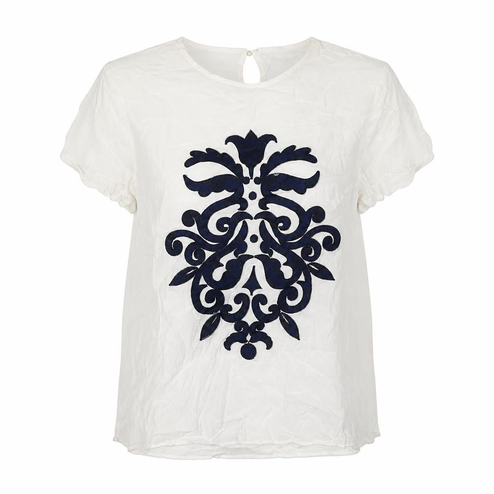 Front view of Koton women’s ivory viscose basic button-up, size UK 10, round neck - blue embellished front