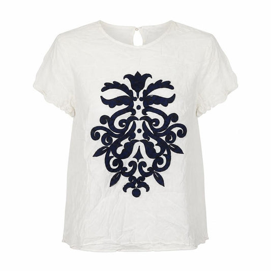 Front view of Koton women’s ivory viscose basic button-up, size UK 10, round neck - blue embellished front