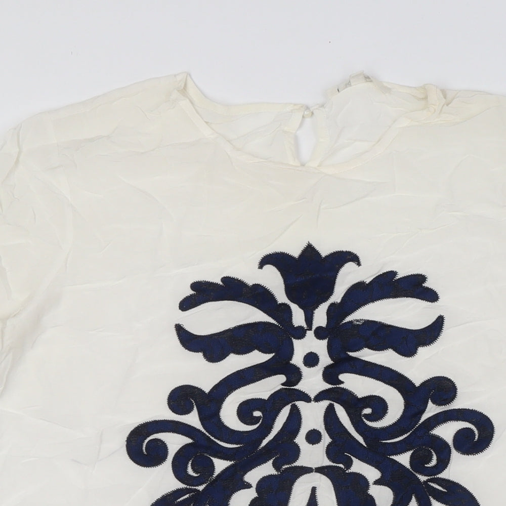 Koton Womens Ivory Viscose Basic Button-Up Size 10 Round Neck - Blue Embellished Front