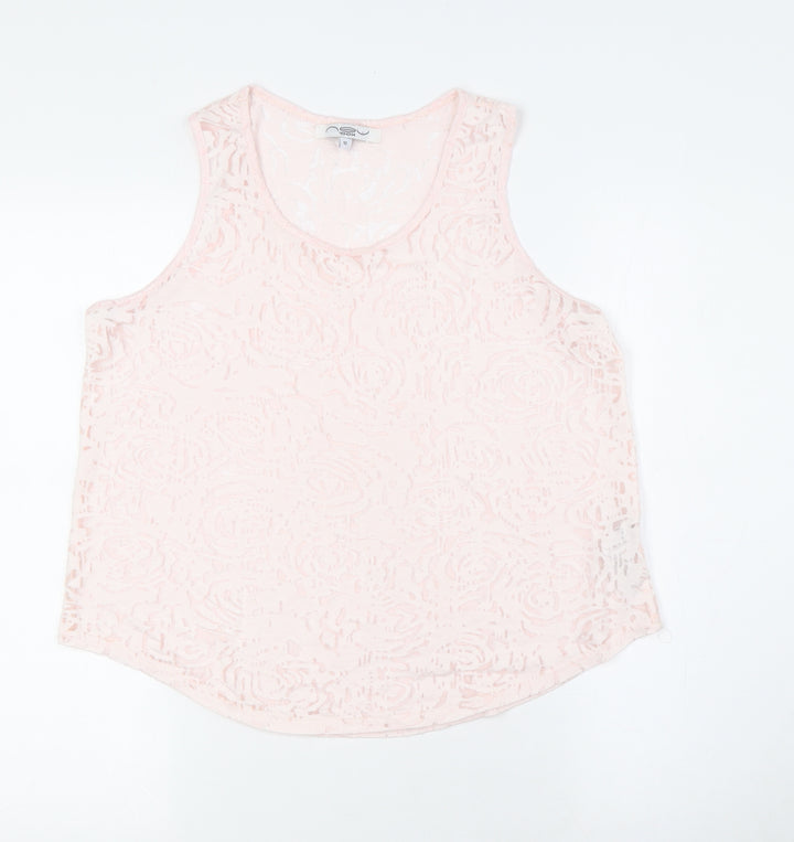 New Look Womens Pink Cotton Basic Button-Up Size 12 Round Neck - Sheer
