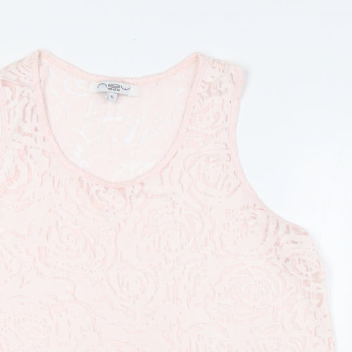 New Look Womens Pink Cotton Basic Button-Up Size 12 Round Neck - Sheer