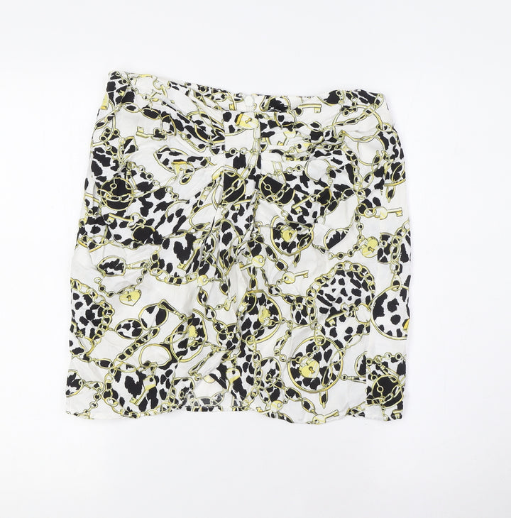 Boohoo Womens White Viscose A-Line Skirt Size 12 Zip - Locks and Chains Fabric