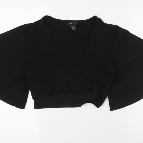 New Look Womens Black Polyester Cropped Button-Up Size 10 V-Neck - Knot Front