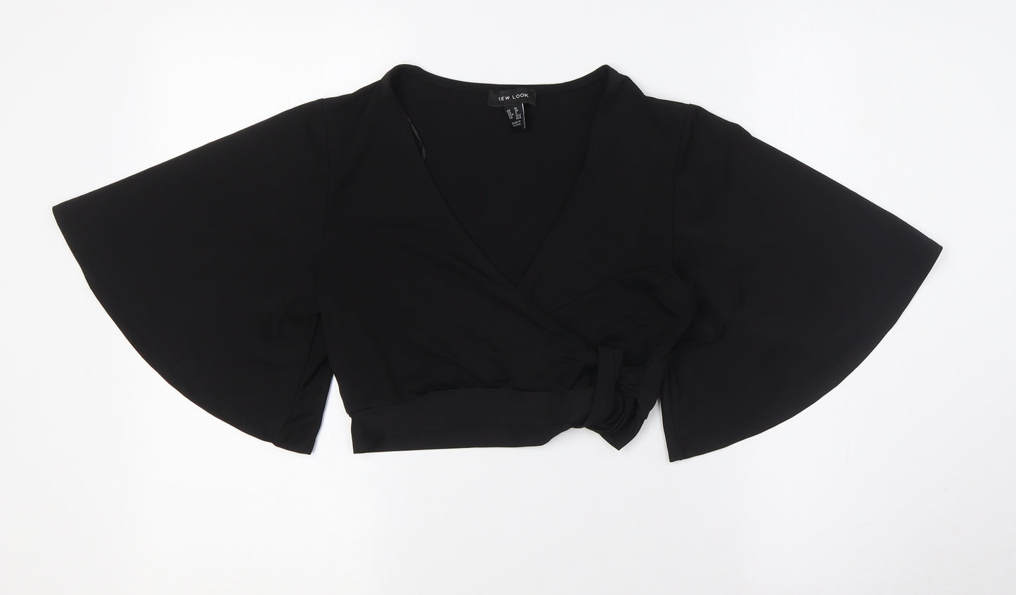 New Look Womens Black Polyester Cropped Button-Up Size 10 V-Neck - Knot Front