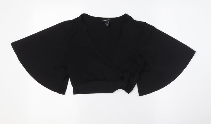 New Look Womens Black Polyester Cropped Button-Up Size 10 V-Neck - Knot Front