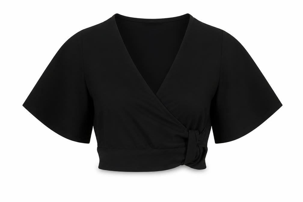 Front view of New Look women’s black polyester cropped button-up, size UK 10, v-neck - knot front