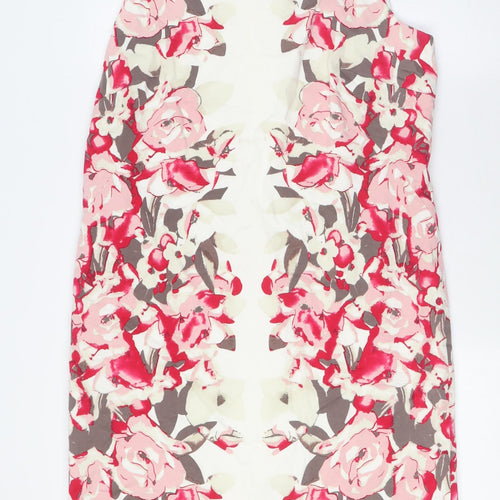 Pomodoro Womens Ivory Floral Cotton Pencil Dress Size 16 Boat Neck Zip - Pink Flowers