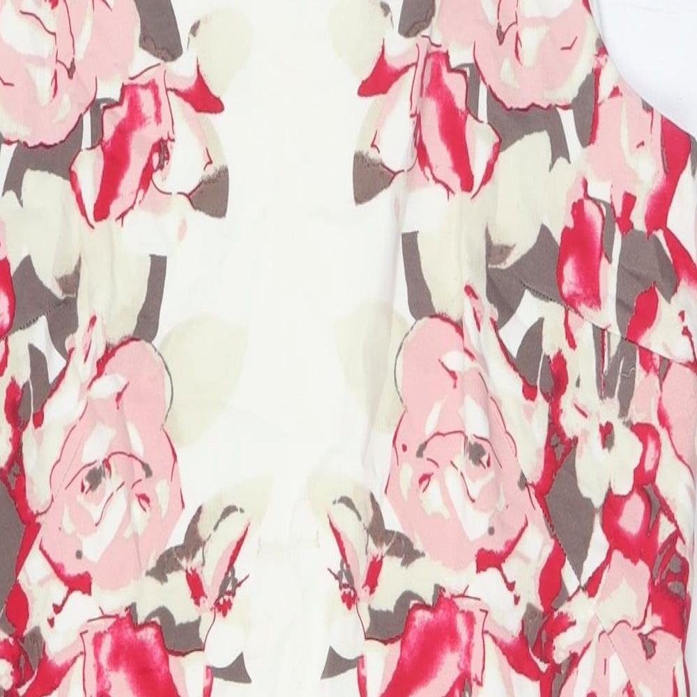 Pomodoro Womens Ivory Floral Cotton Pencil Dress Size 16 Boat Neck Zip - Pink Flowers