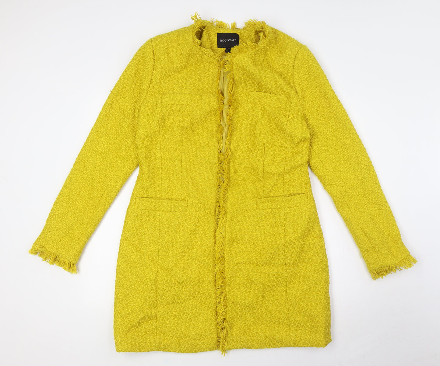Body Flirt Womens Yellow Overcoat Coat Size 14 Hook & Eye - Textured, Raw Hems