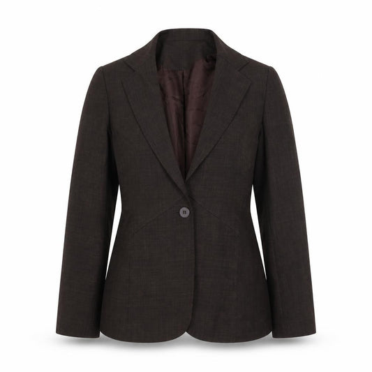 Front view of NL collection women’s brown jacket, size UK 8, button