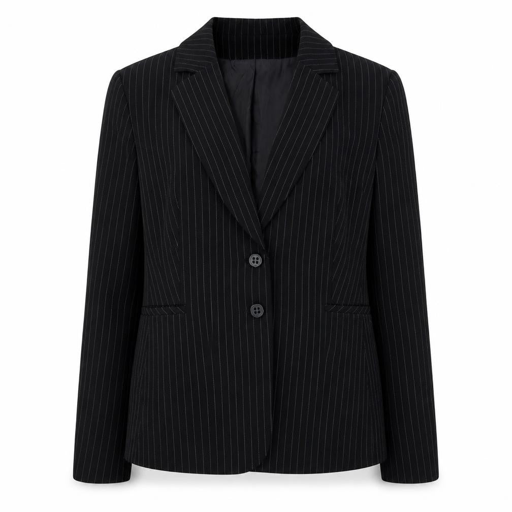 Front view of Jones New York women’s black striped jacket, size UK 14, button