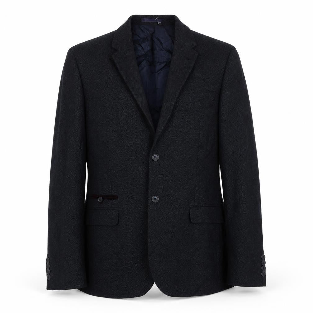 Racing Green Mens Blue Herringbone Wool Jacket Suit Jacket Size 42 Regular - Velvet Trim Pocket