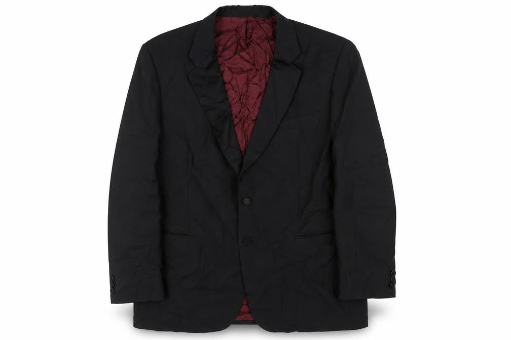 Front view of Marks & Spencer men’s black polyester tuxedo suit jacket, size 44, big & tall