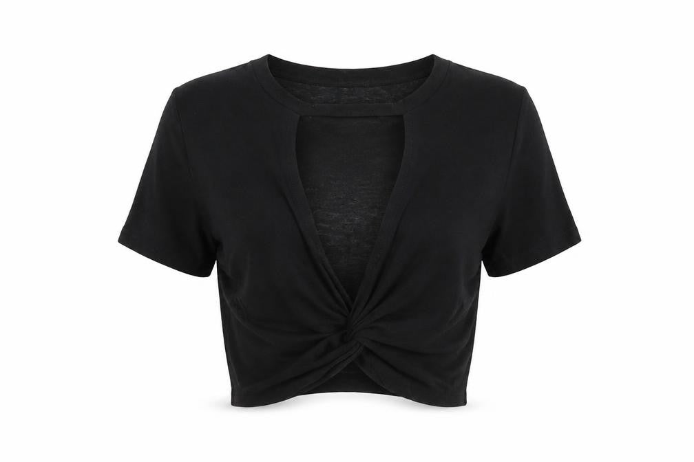 Front view of Cooperative women’s black cotton basic t-shirt, size S, round neck